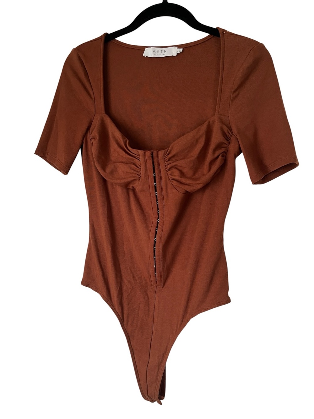 ASTR The Label Rust Brown Angela Short Sleeve Hook-Front Bodice Bodysuit